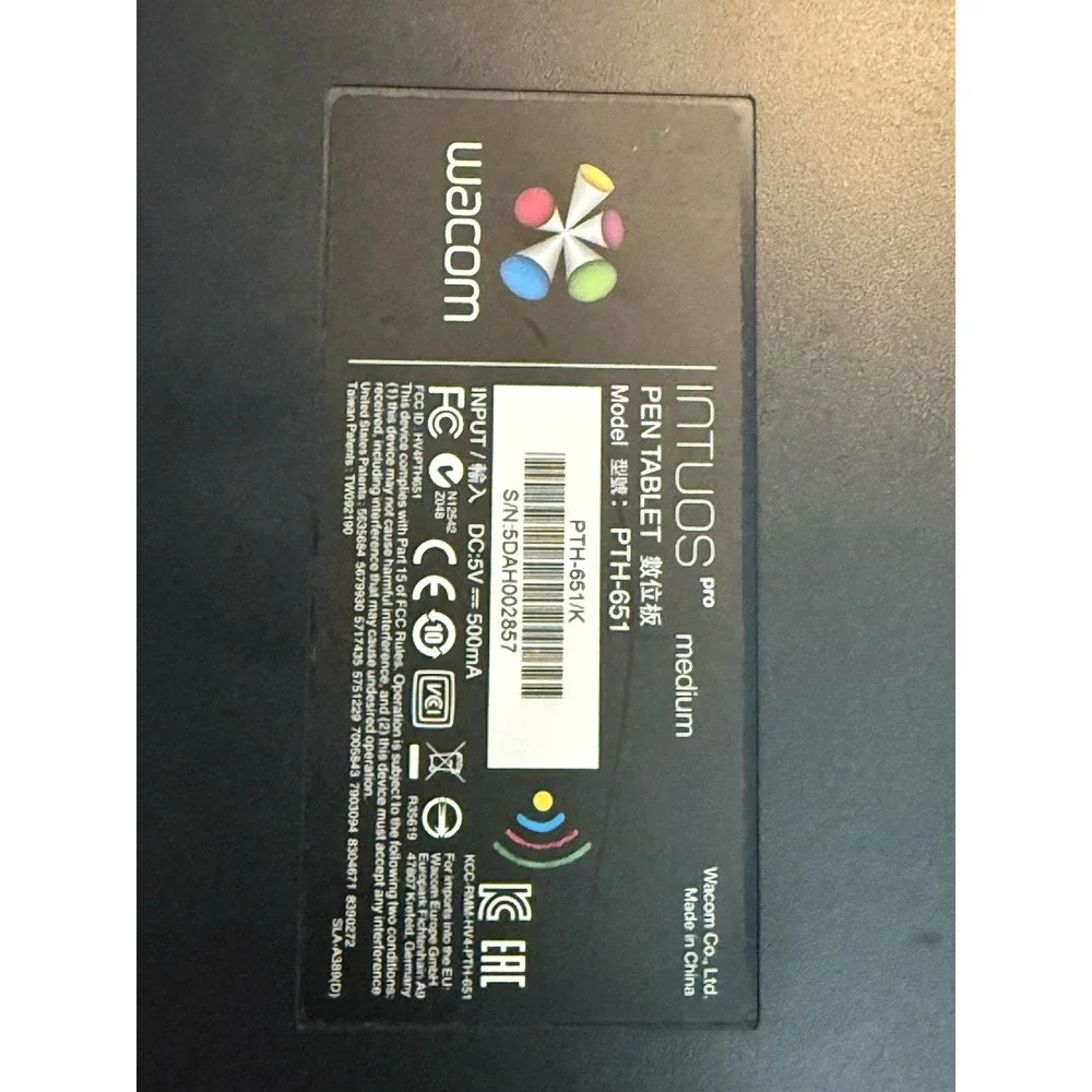 Wacom PTH651 Black Intuos Pro Medium Pen and Touch Tablet Untested With Adapter
